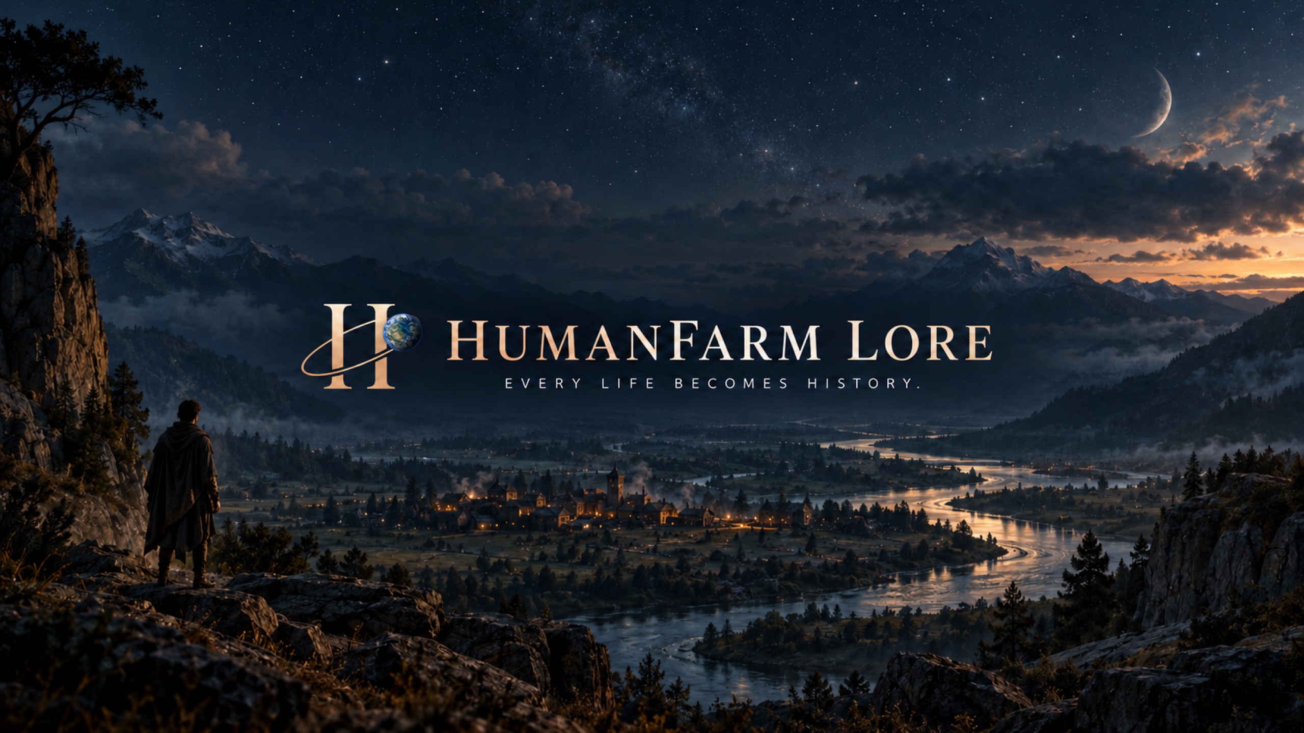 HumanFarm Lore — Every life becomes history. A traveller looks over a mountain valley, a river and the warm lights of a settlement beneath the stars.